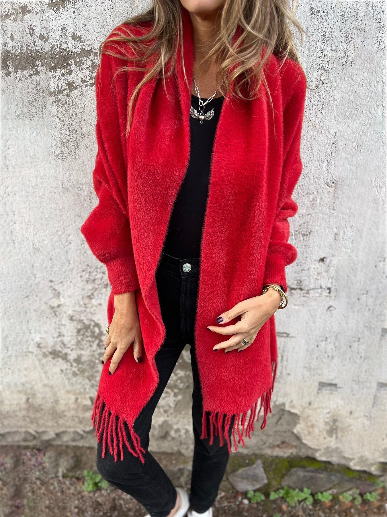 Swantje Long Cardigan with Fringed Hem and Zip - Red