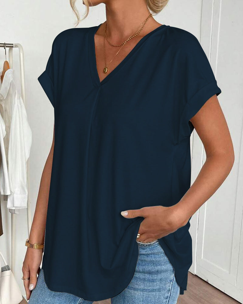 Thea Pleated Tunic Blouse with Loose Fit and Narrow Binding - Dark Blue