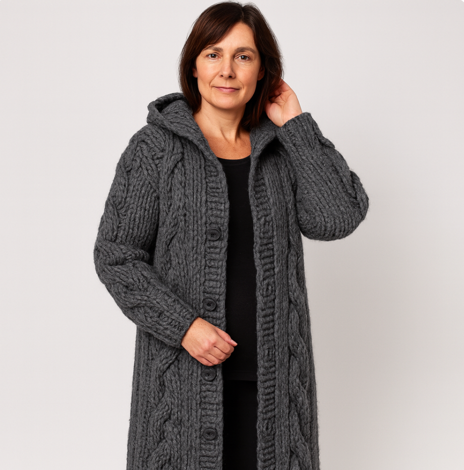 Thesia Chunky Knit Cardigan with Open Front and Ribbed Edge - Dark Gray