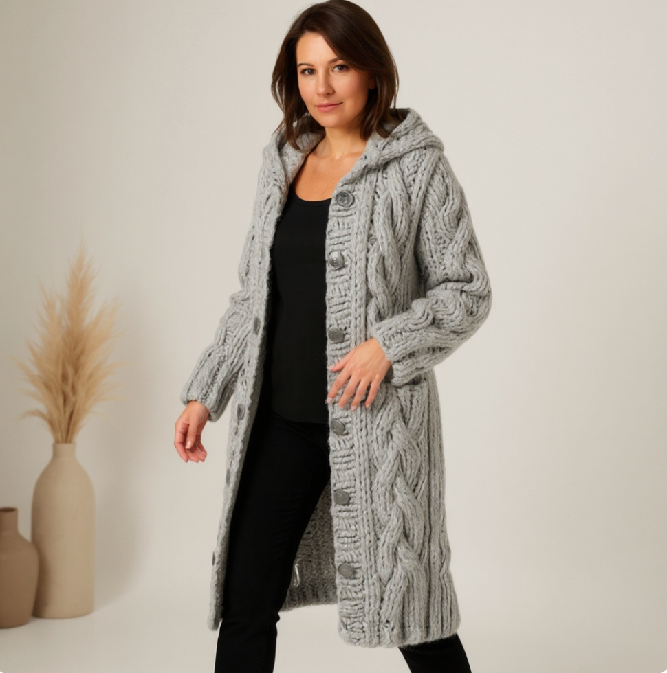 Thesia Chunky Knit Cardigan with Open Front and Ribbed Edge - Gray