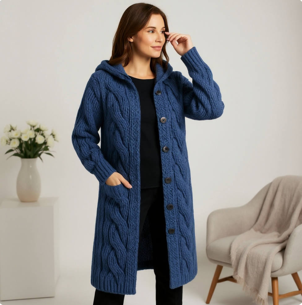 Thesia Chunky Knit Cardigan with Open Front and Ribbed Edge - Blue