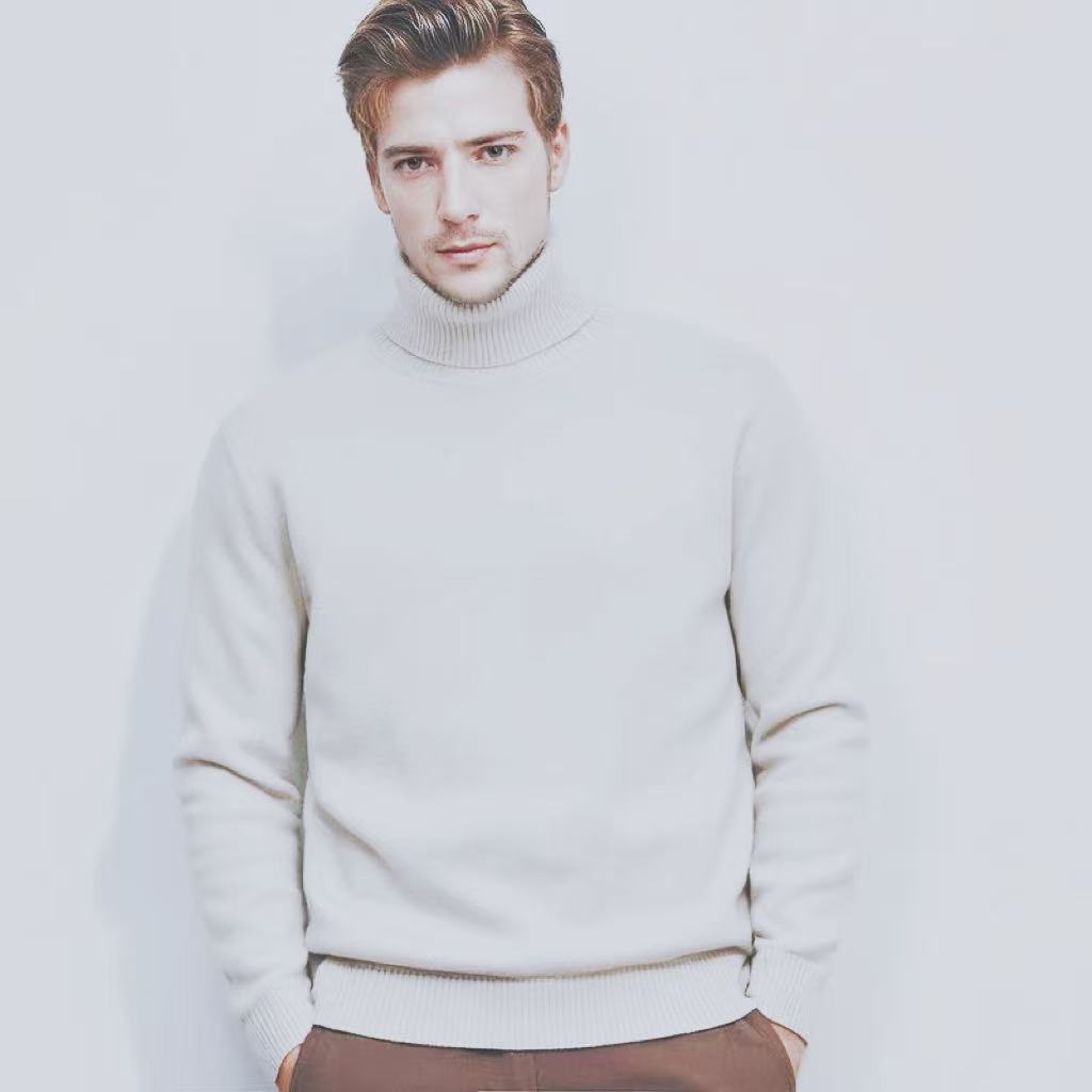 Thorben Men's Slim Turtleneck with Plain Knit - Cream White