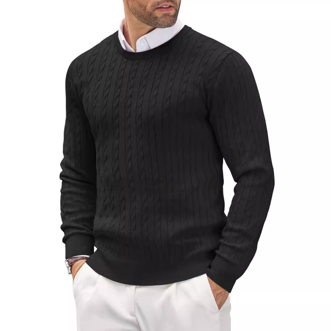 Traugott Men's Cable Knit Sweater with Crew Neck - Black