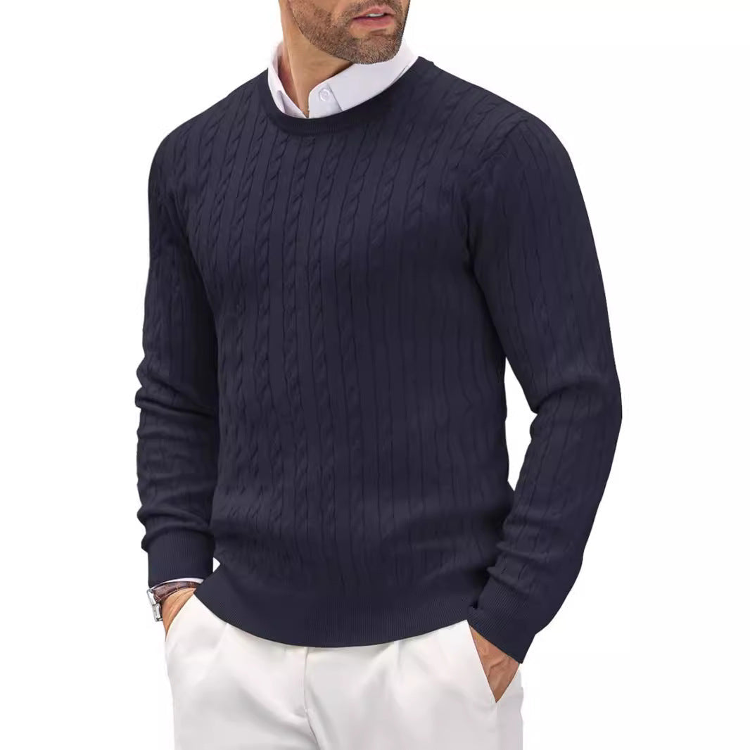 Traugott Men's Cable Knit Sweater with Crew Neck - Navy