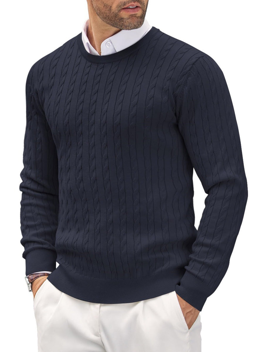 Traugott Men's Cable Knit Sweater with Crew Neck - Navy