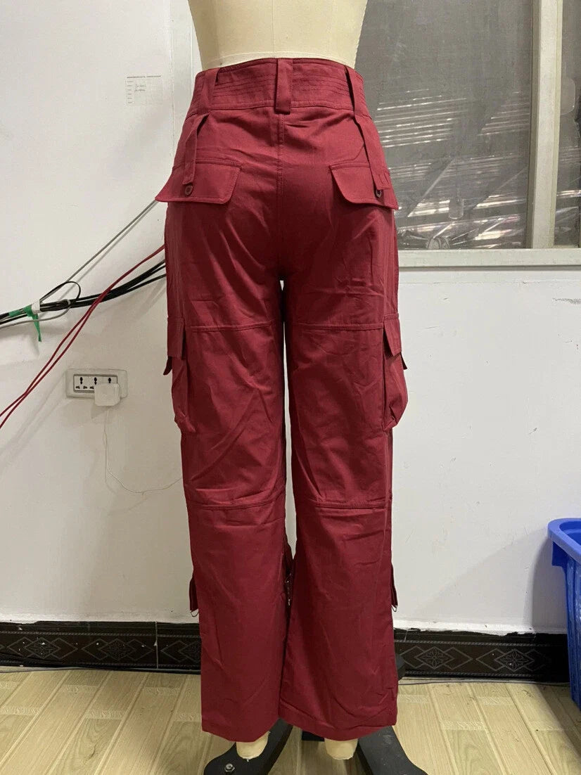 Tyla Street Cargo Trousers with Utility Pockets - Wine Red
