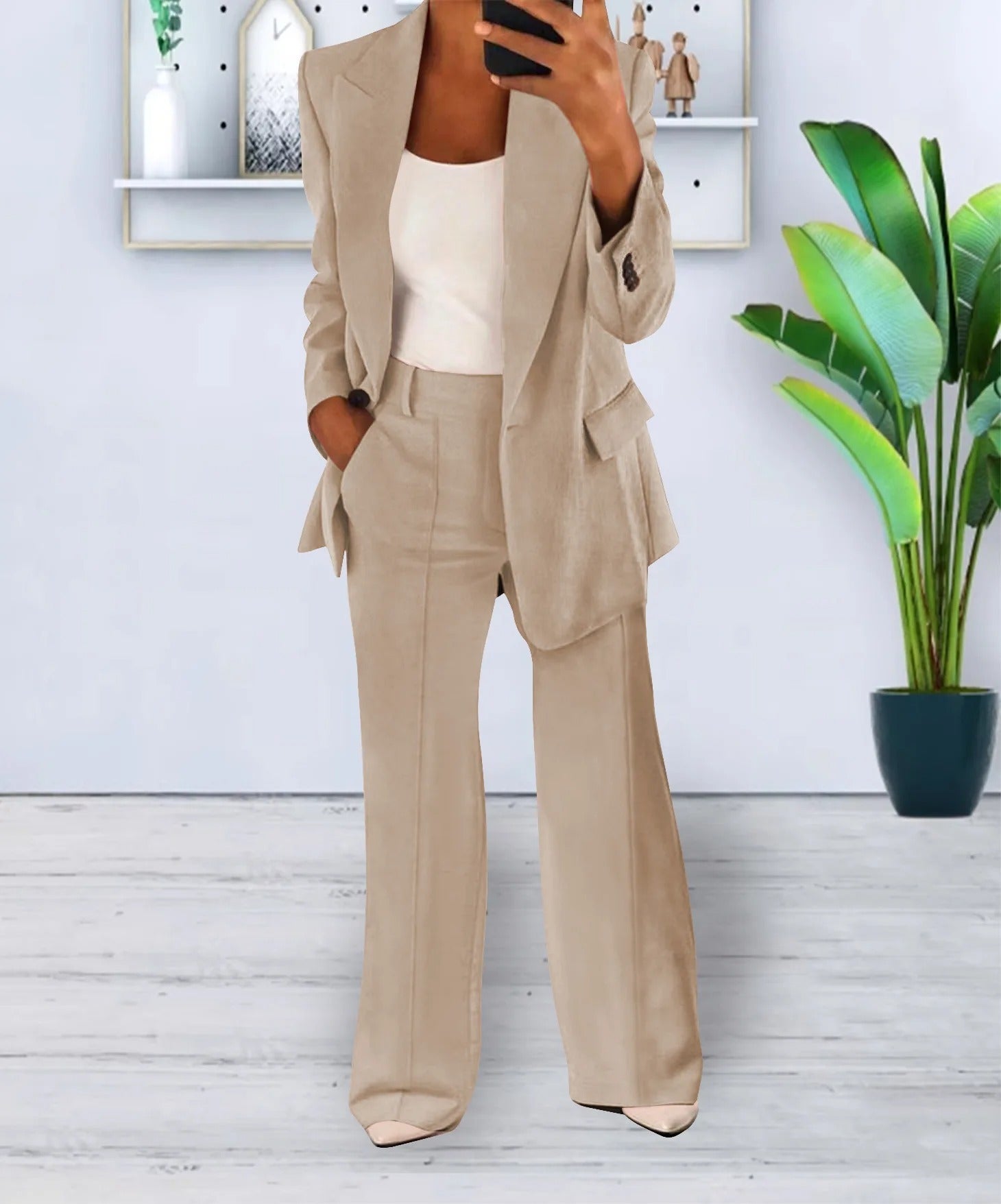 Valentina Two Piece Blazer and Pleat Trouser Set - Beige