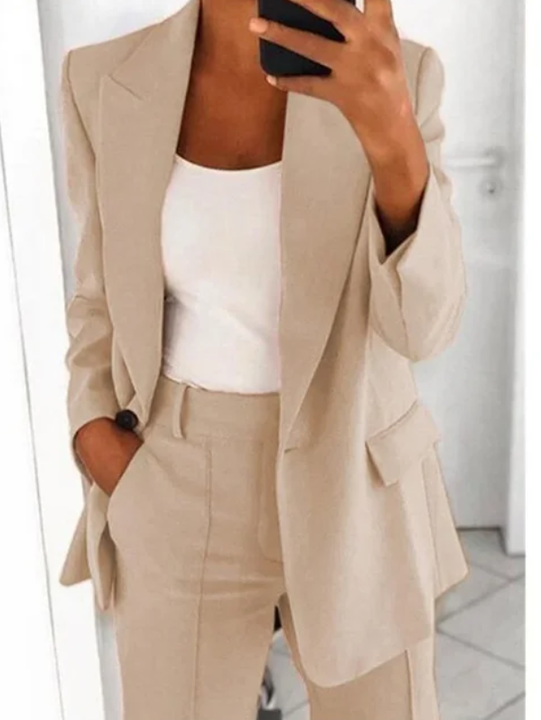 Valentina Two Piece Blazer and Pleat Trouser Set - Beige