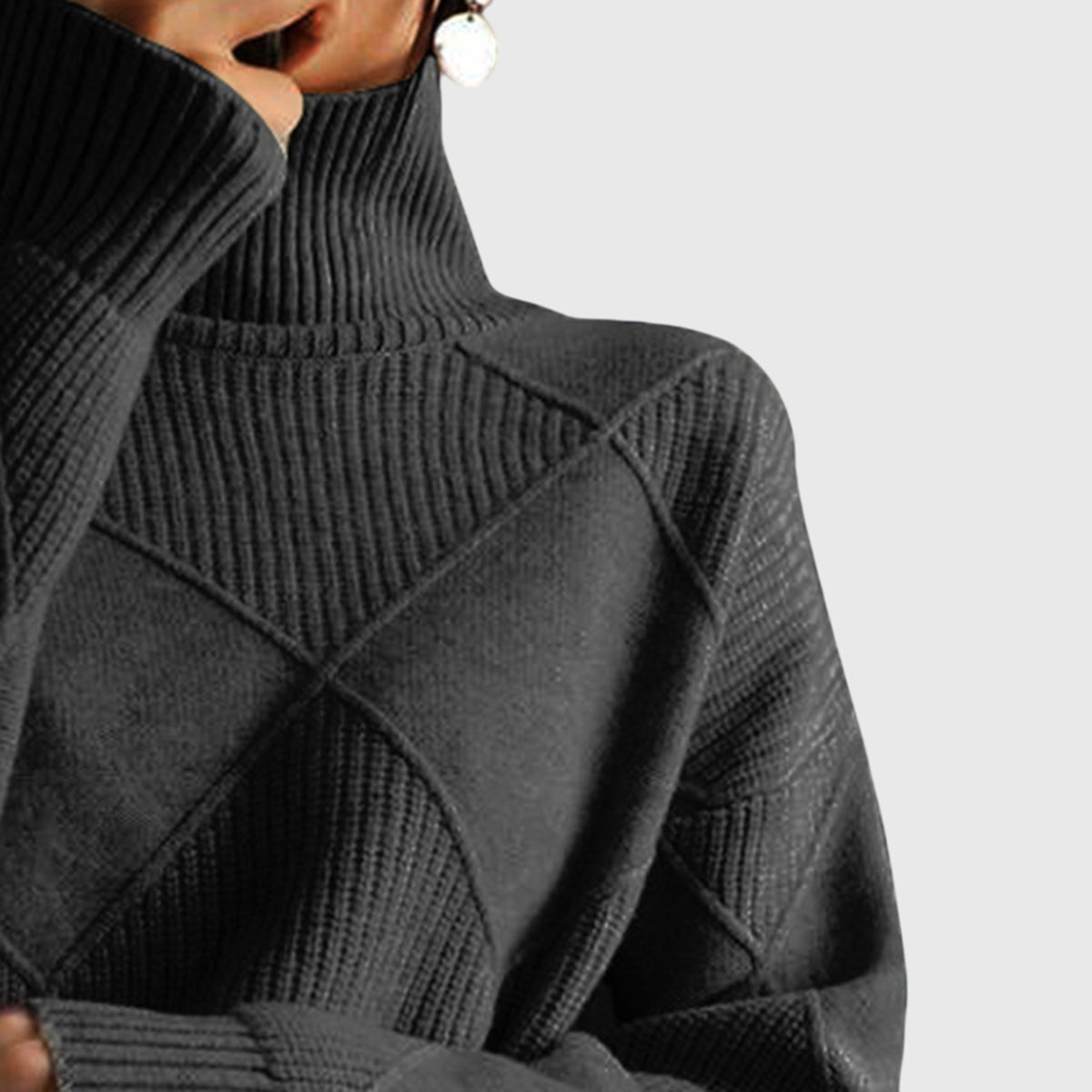 Verona Geometric Turtleneck Sweater with Fold-Over Collar - Black