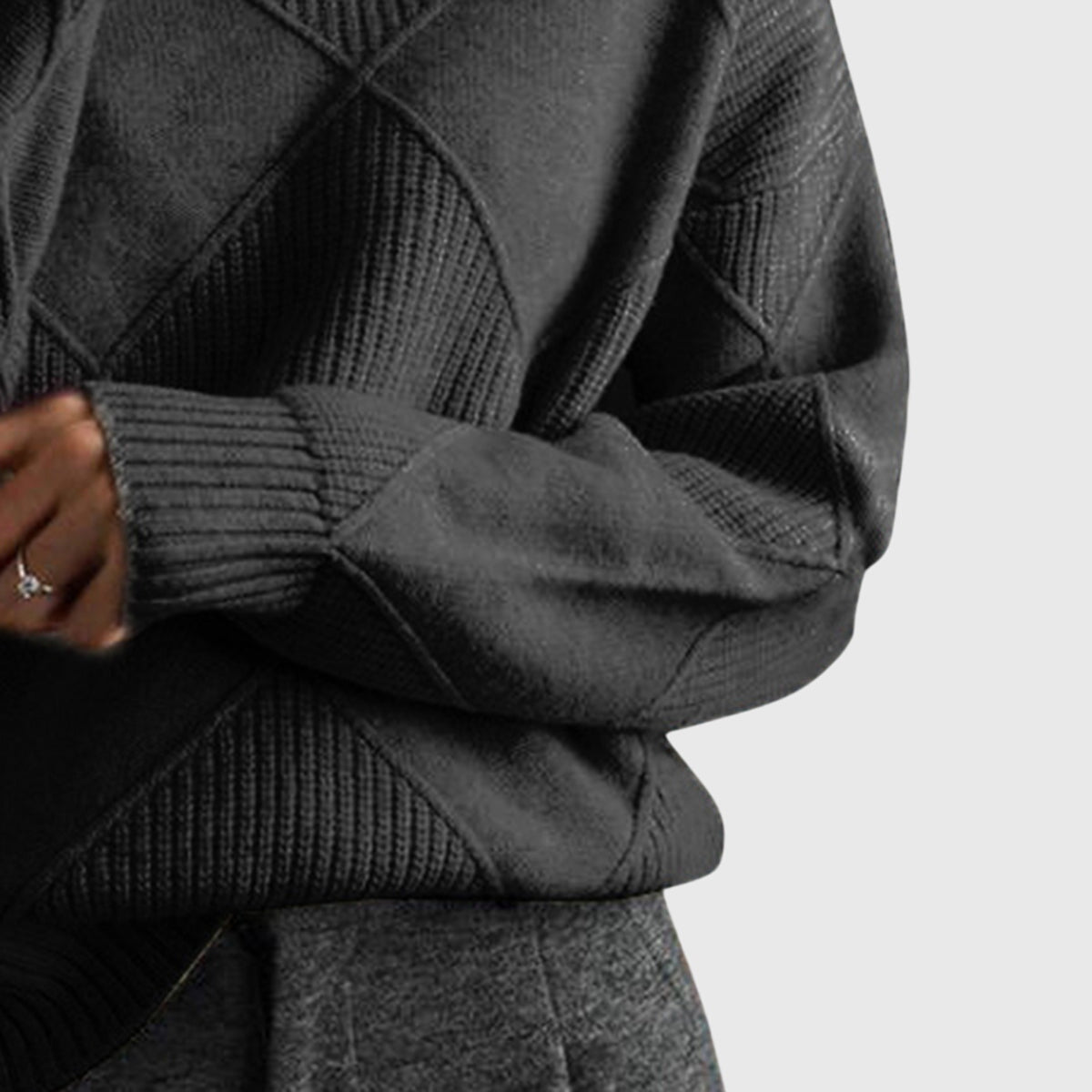 Verona Geometric Turtleneck Sweater with Fold-Over Collar - Black