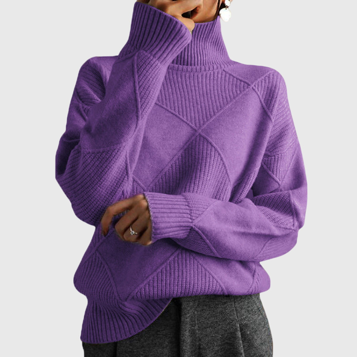 Verona Geometric Turtleneck Sweater with Fold-Over Collar - Purple