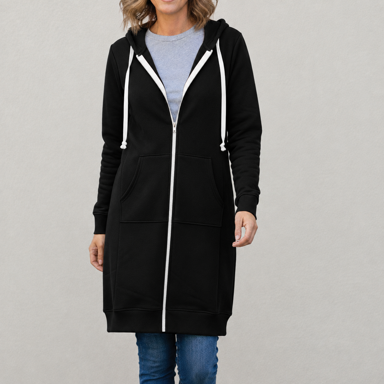 Veronica Long Zip Hoodie with Drawstring Hood and Ribbed Trim - Black
