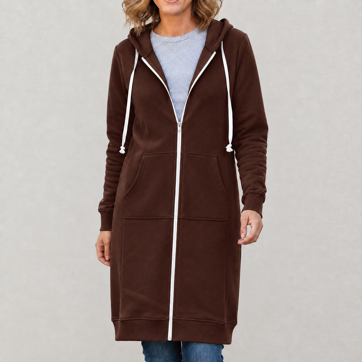 Veronica Long Zip Hoodie with Drawstring Hood and Ribbed Trim - Coffee
