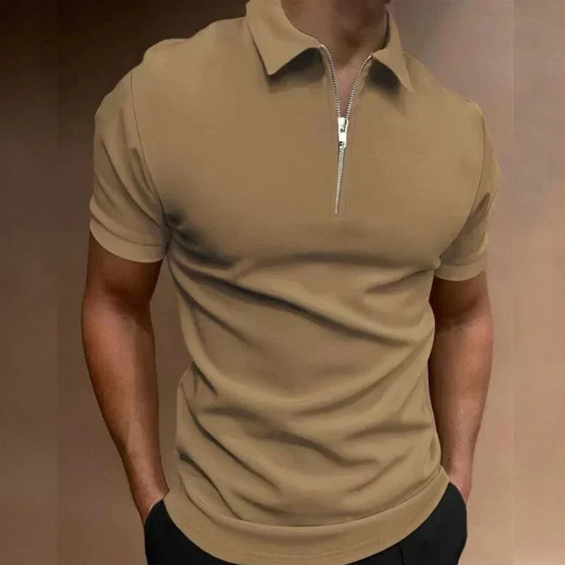 Victor Men's Zip Polo Shirt with Short Sleeves and Stand Collar - Khaki