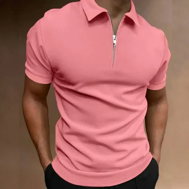 Victor Men's Zip Polo Shirt with Short Sleeves and Stand Collar - Pink