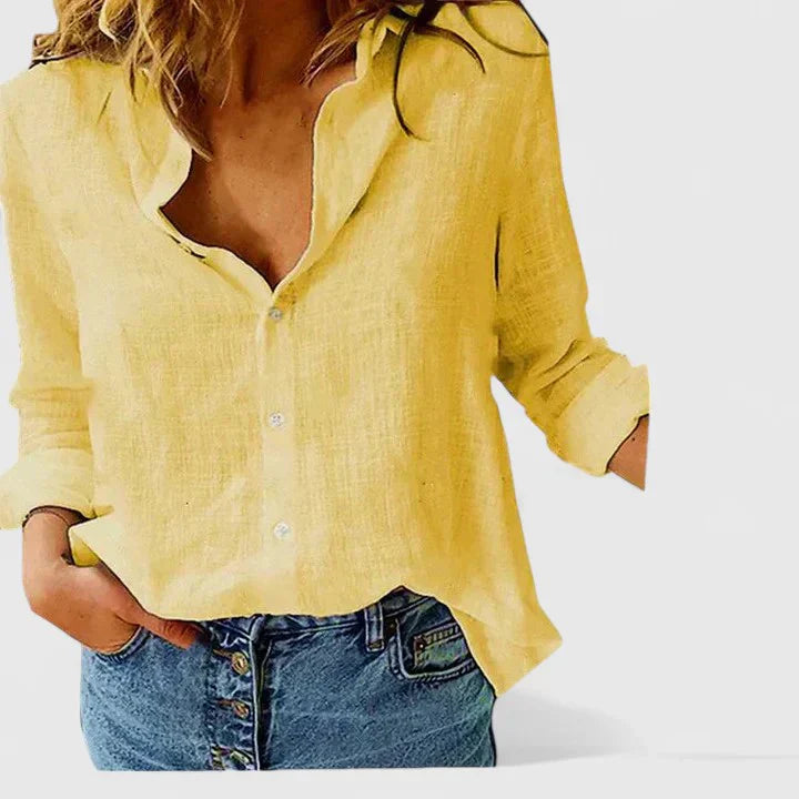 Wiebke Shirt Collar Blouse with Long Sleeves and Yoke - Yellow