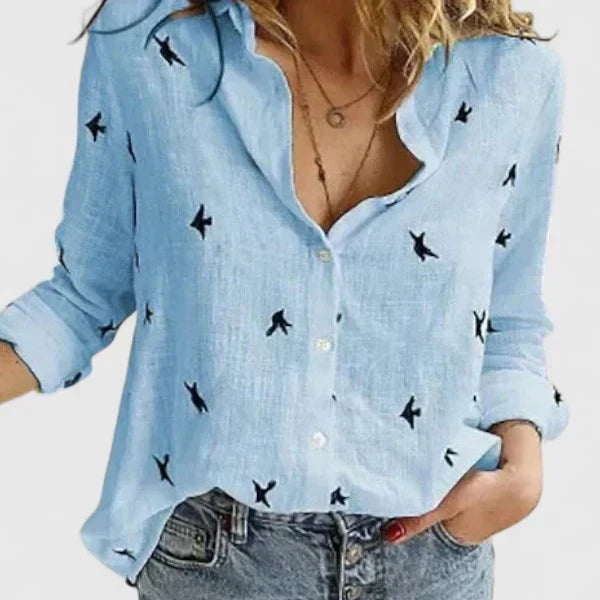 Wiebke Shirt Collar Blouse with Long Sleeves and Yoke - Blue