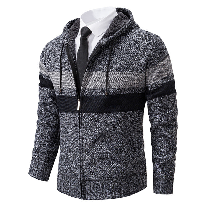 Wilbert Men's Striped Hoodie with Full Zip and Lined Hood - Dark Gray