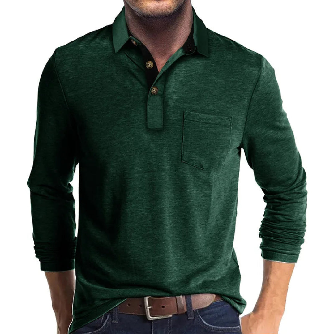 Wilfred Men's Long Sleeve Polo with Ribbed Collar - Green