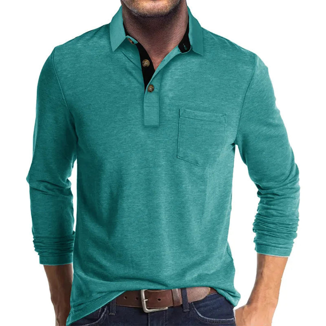 Wilfred Men's Long Sleeve Polo with Ribbed Collar - Turquoise