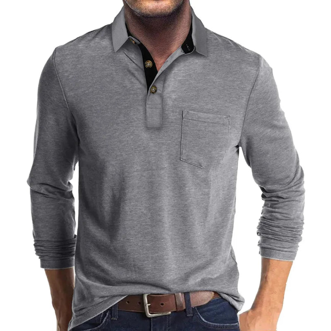 Wilfred Men's Long Sleeve Polo with Ribbed Collar - Light Gray