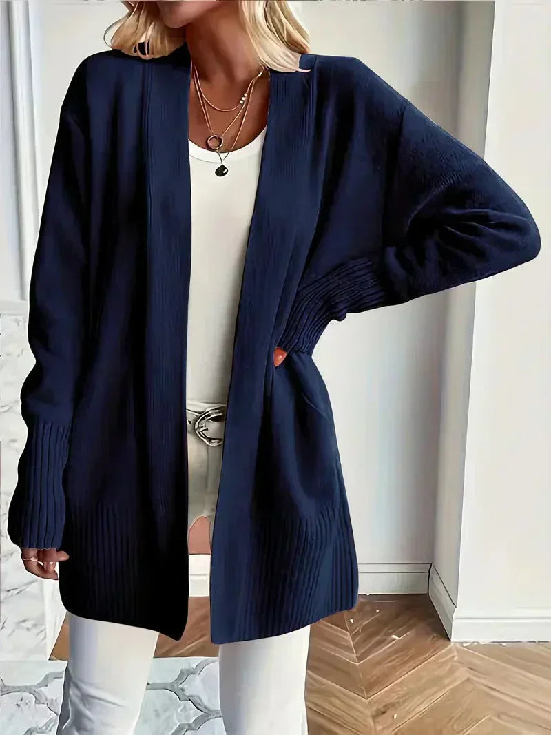 Willow Ribbed Knit Cardigan with Open Front and Long Body - Dark Blue