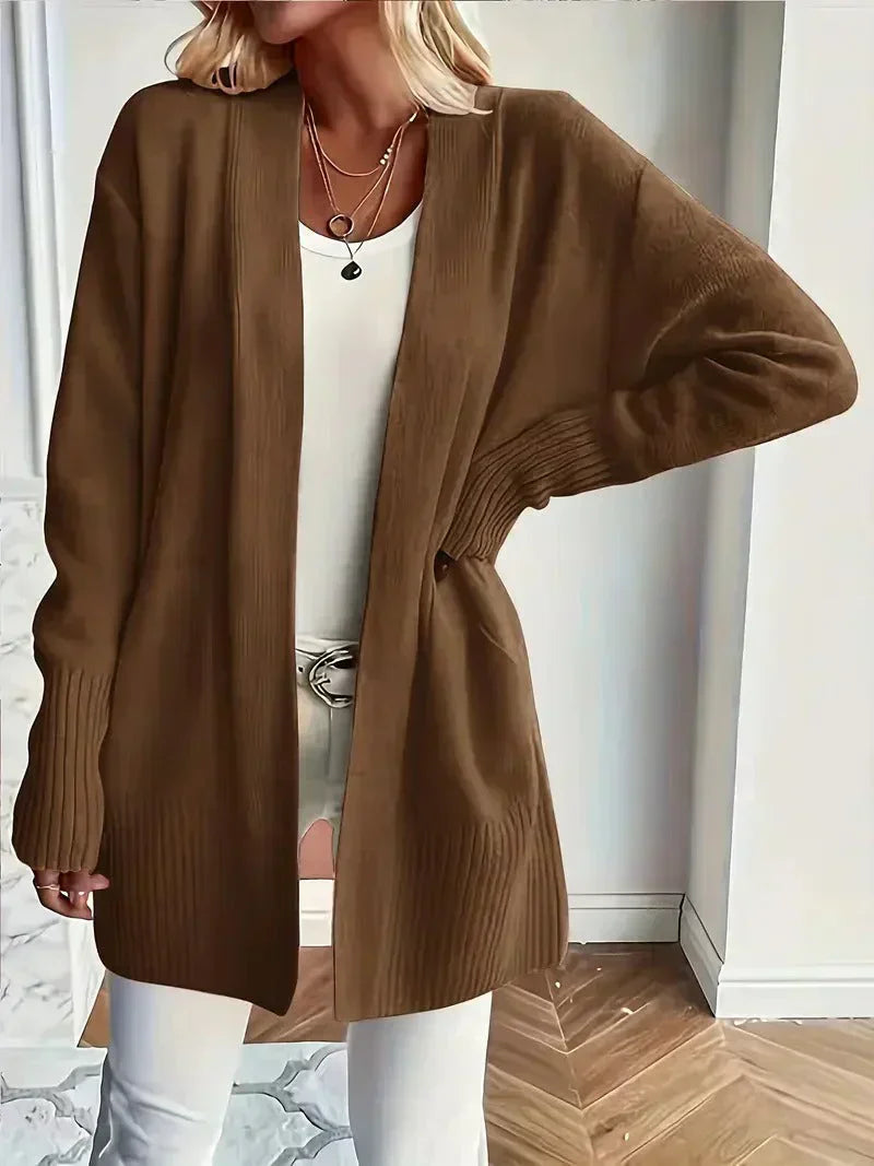 Willow Ribbed Knit Cardigan with Open Front and Long Body - Brown
