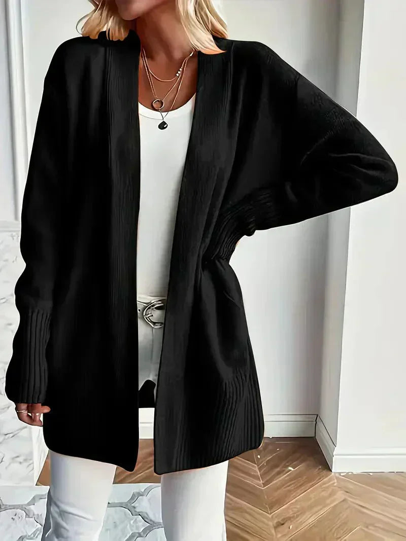 Willow Ribbed Knit Cardigan with Open Front and Long Body - Black