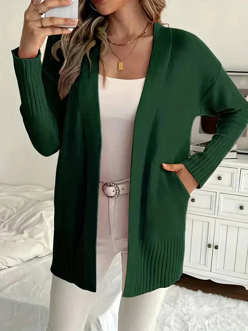 Willow Ribbed Knit Cardigan with Open Front and Long Body - Green