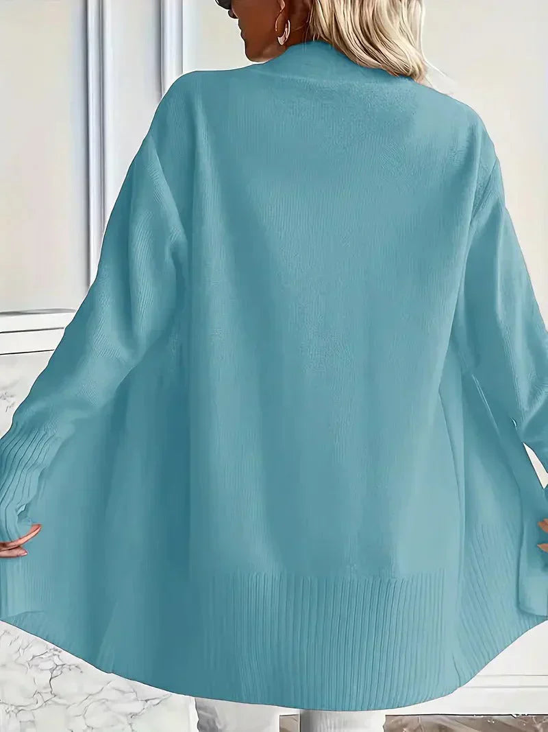 Willow Ribbed Knit Cardigan with Open Front and Long Body - Light Blue