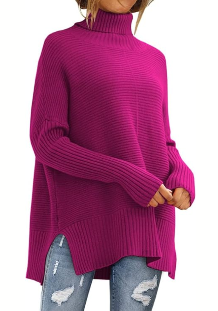Zindie Turtleneck Sweater with Slim Body and Ribbed Hem - Pink