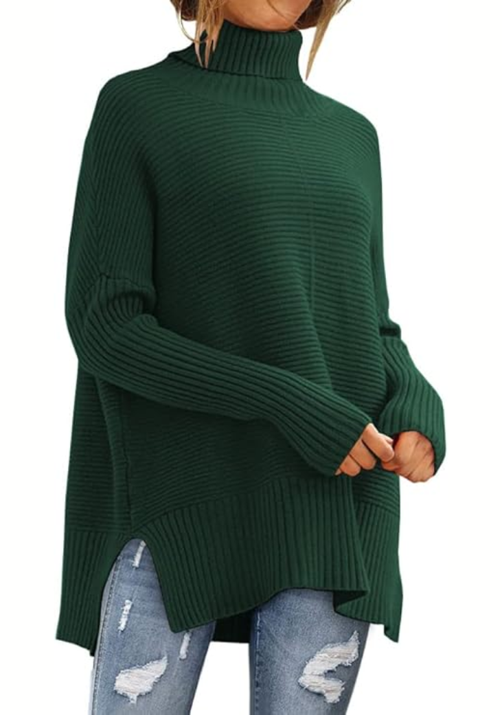 Zindie Turtleneck Sweater with Slim Body and Ribbed Hem - Green