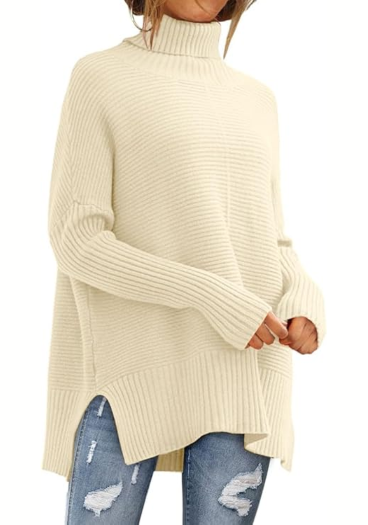 Zindie Turtleneck Sweater with Slim Body and Ribbed Hem - Beige