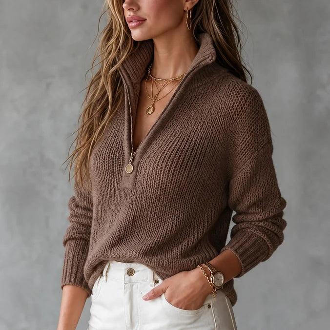 Women’s Half-Zip Knit Sweater Relaxed Fit Soft Taupe Design 0