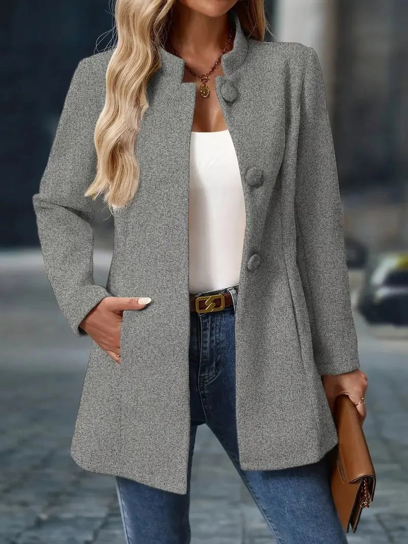 Women’s Mid-Length Coat with Stand Collar and Button Front Closure 2