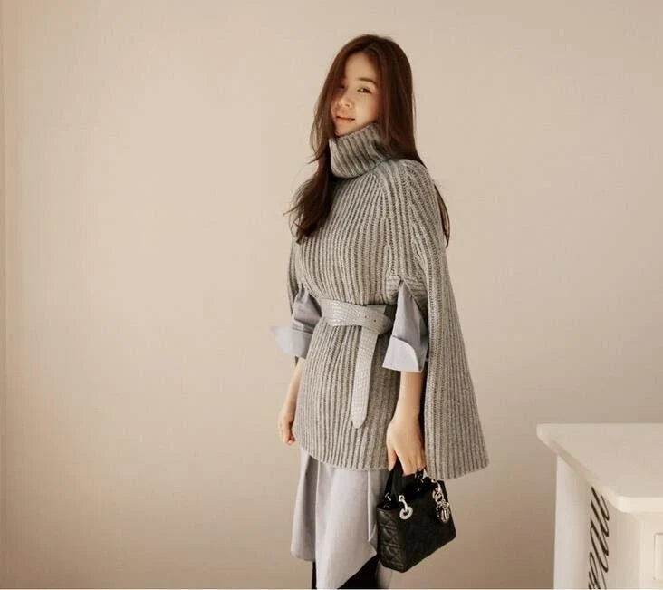 Women’s Oversized Cape Jumper Ribbed Knit Turtleneck Design 3