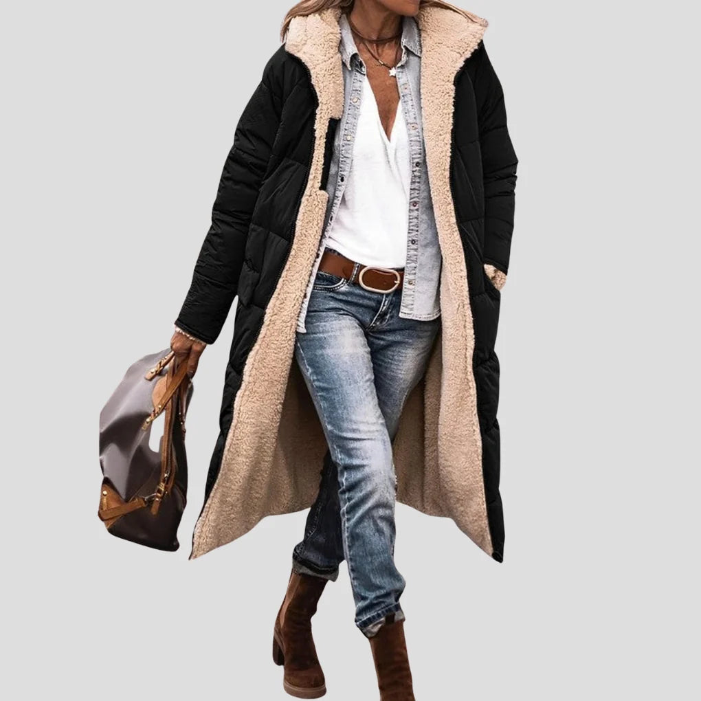 Women’s Reversible Long Coat with Hood and Teddy Lining for Winter Warmth 0