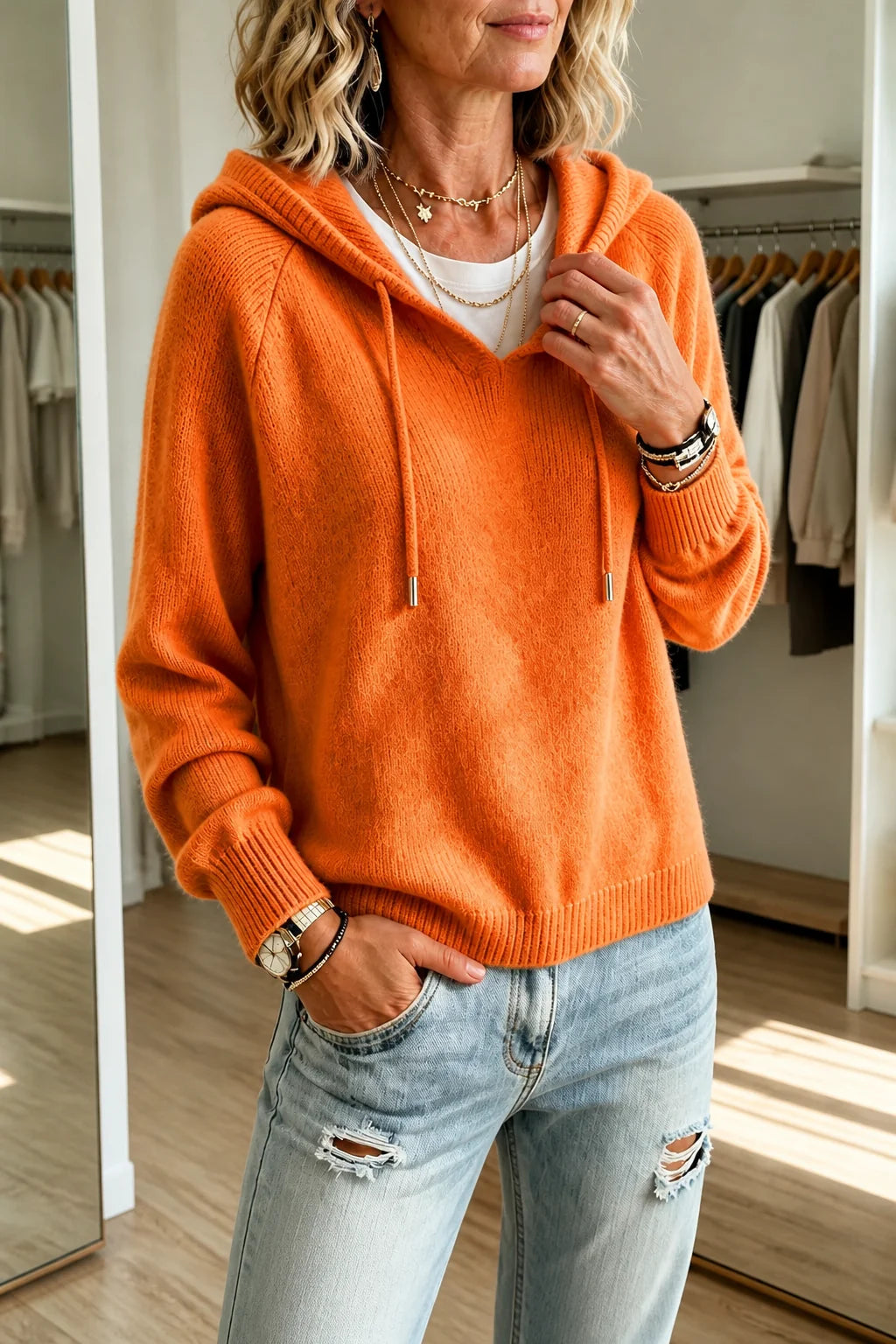 Women’s Ribbed Knit Pullover Sweater with Drawstring Hood Relaxed Fit 0