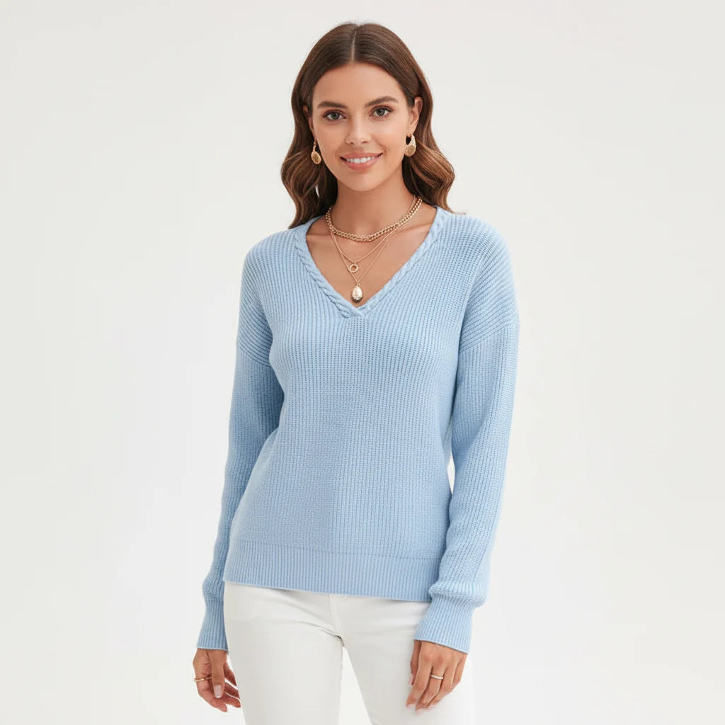 Women’s Ribbed V-Neck Jumper Long Sleeve Relaxed Fit 0