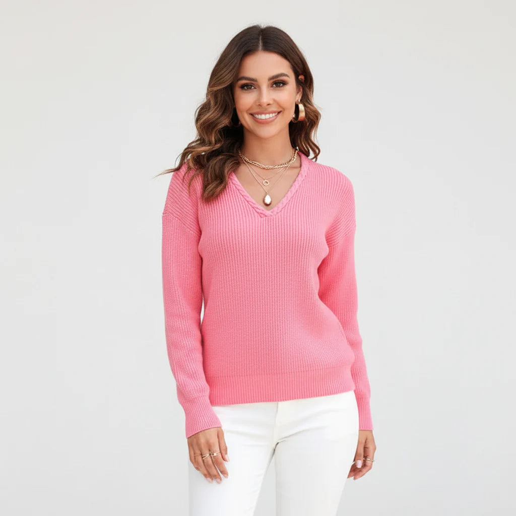 Women’s Ribbed V-Neck Jumper Long Sleeve Relaxed Fit 1