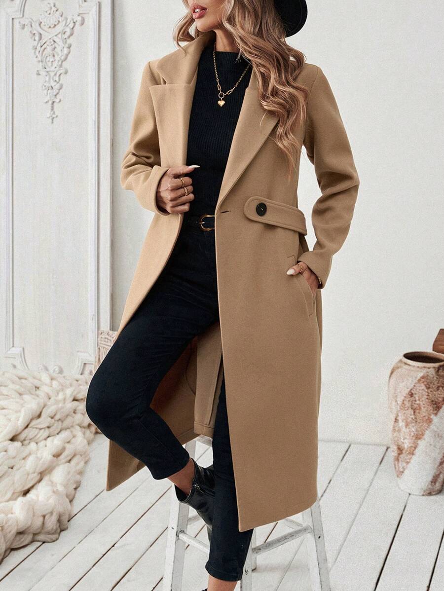 Adelheid Classic Coat with Notch Lapels and Flap Pockets - Khaki