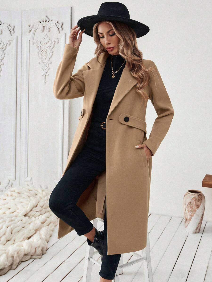 Adelheid Classic Coat with Notch Lapels and Flap Pockets - Khaki