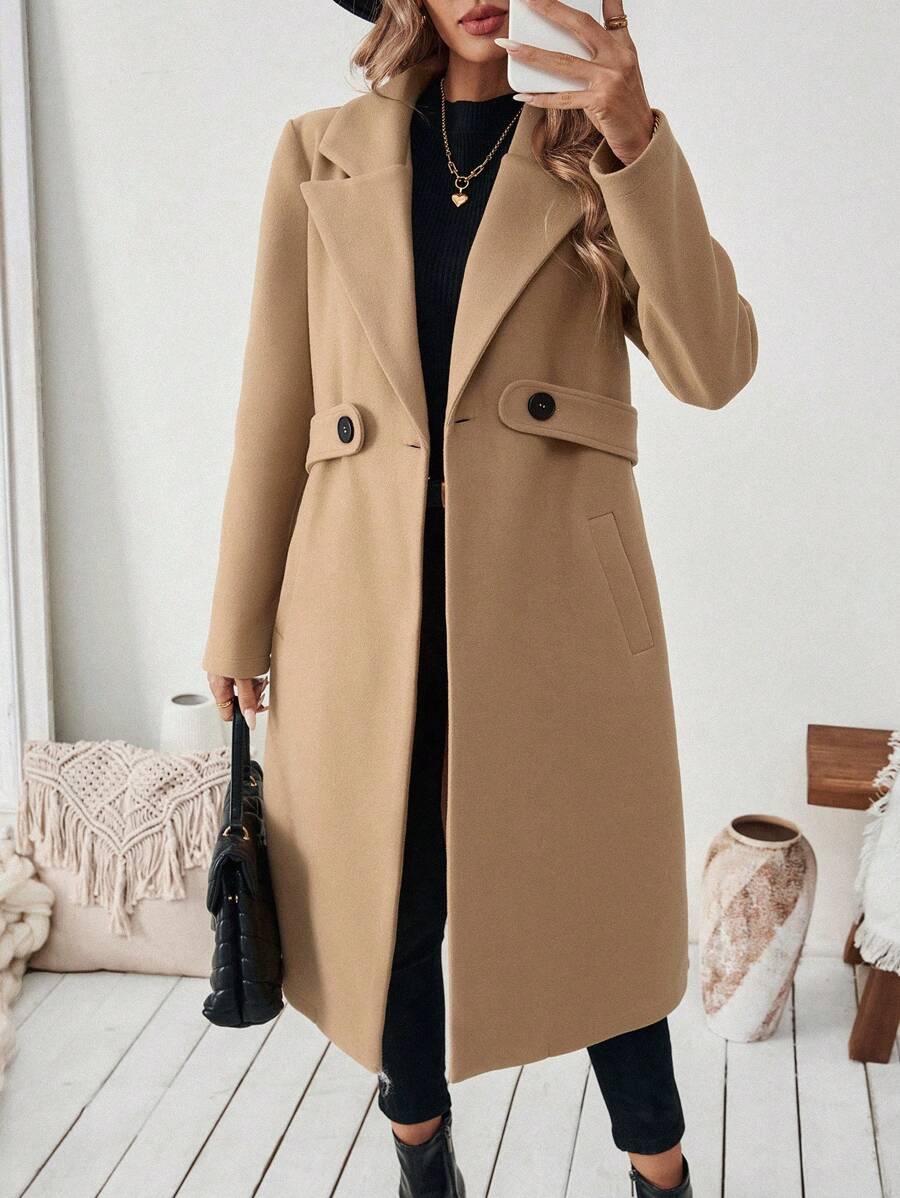 Adelheid Classic Coat with Notch Lapels and Flap Pockets - Khaki