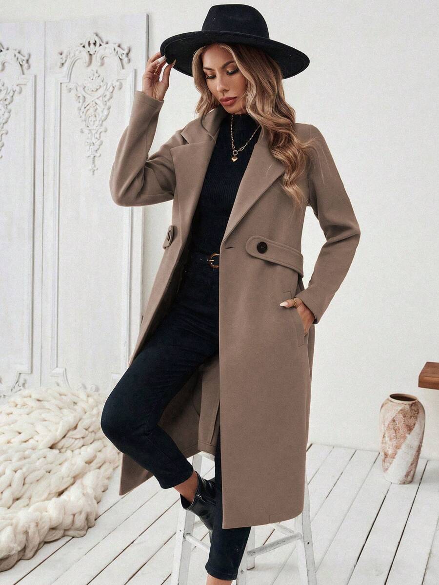 Adelheid Classic Coat with Notch Lapels and Flap Pockets - Coffee Brown