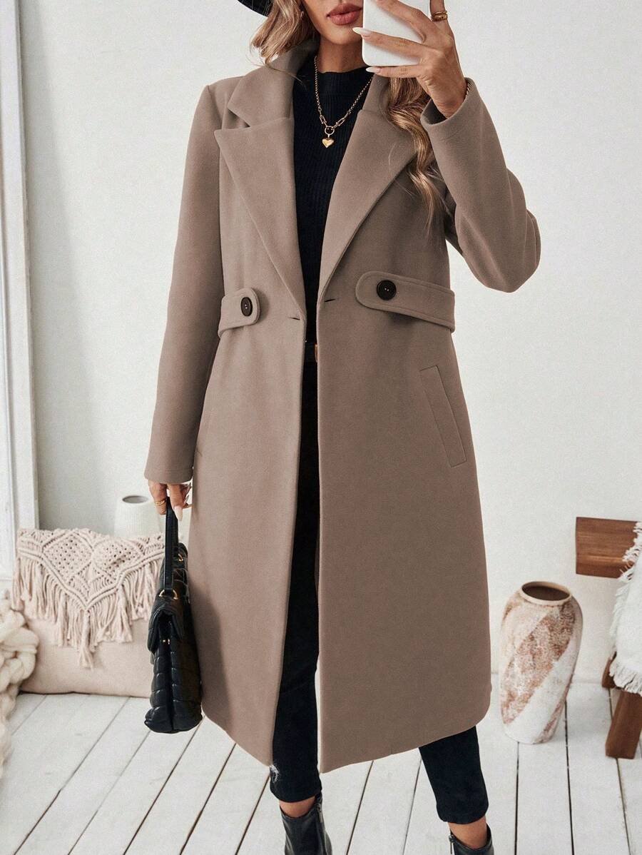 Adelheid Classic Coat with Notch Lapels and Flap Pockets - Coffee Brown