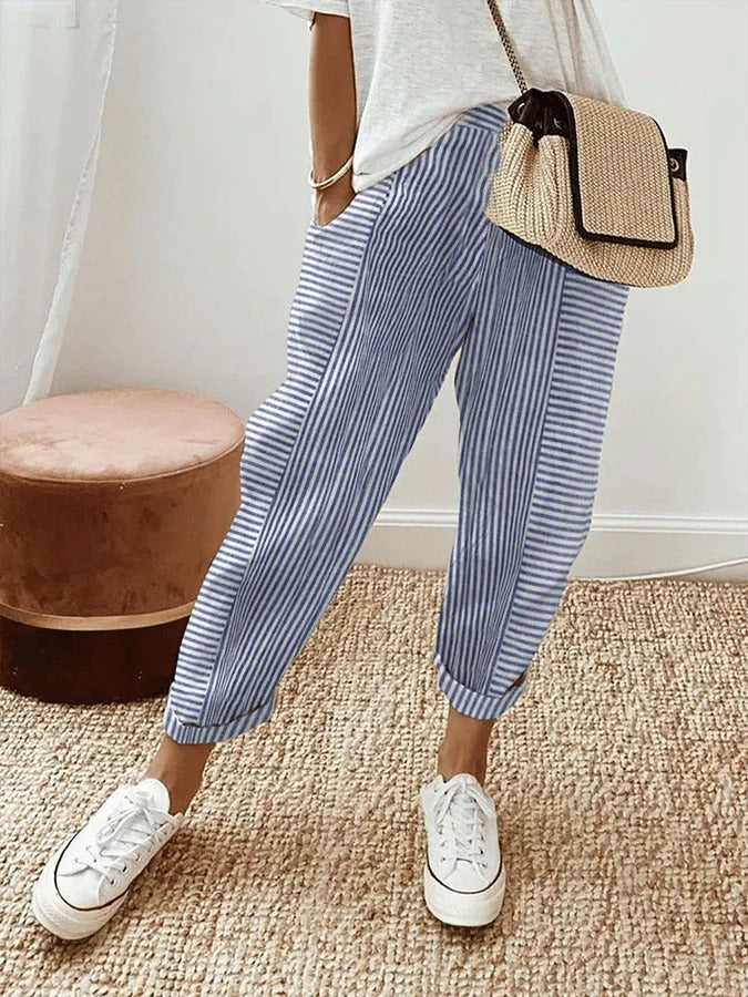 Adelle Striped Trousers with Slim Leg and Flat Waistband - Blue