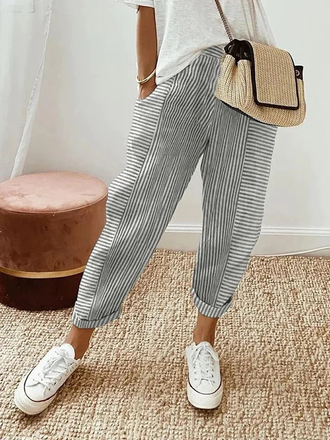 Adelle Striped Trousers with Slim Leg and Flat Waistband - Light Gray