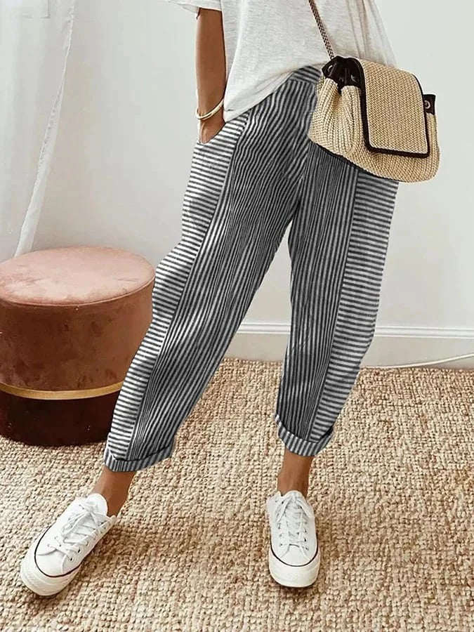 Adelle Striped Trousers with Slim Leg and Flat Waistband - Black