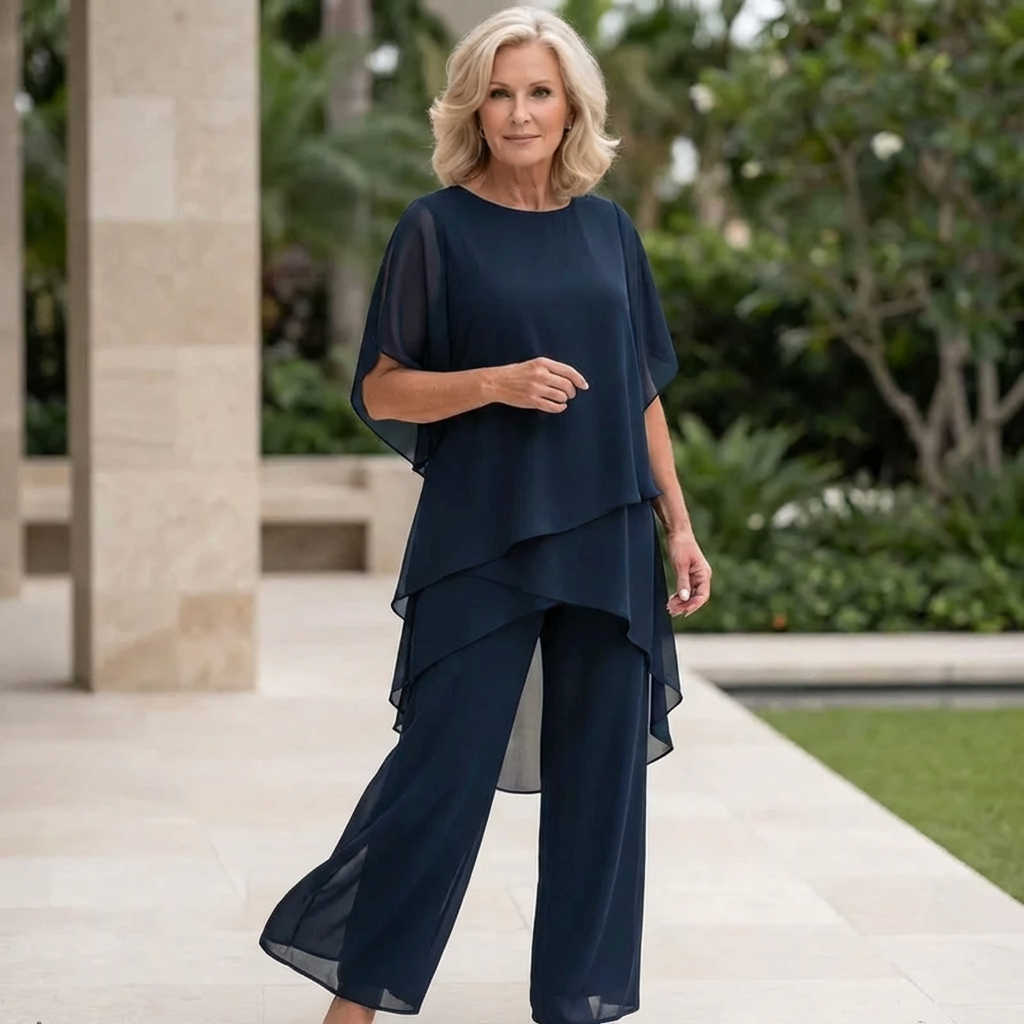Aine Two Piece Set with Draped Top and Matching Bottoms - Blue