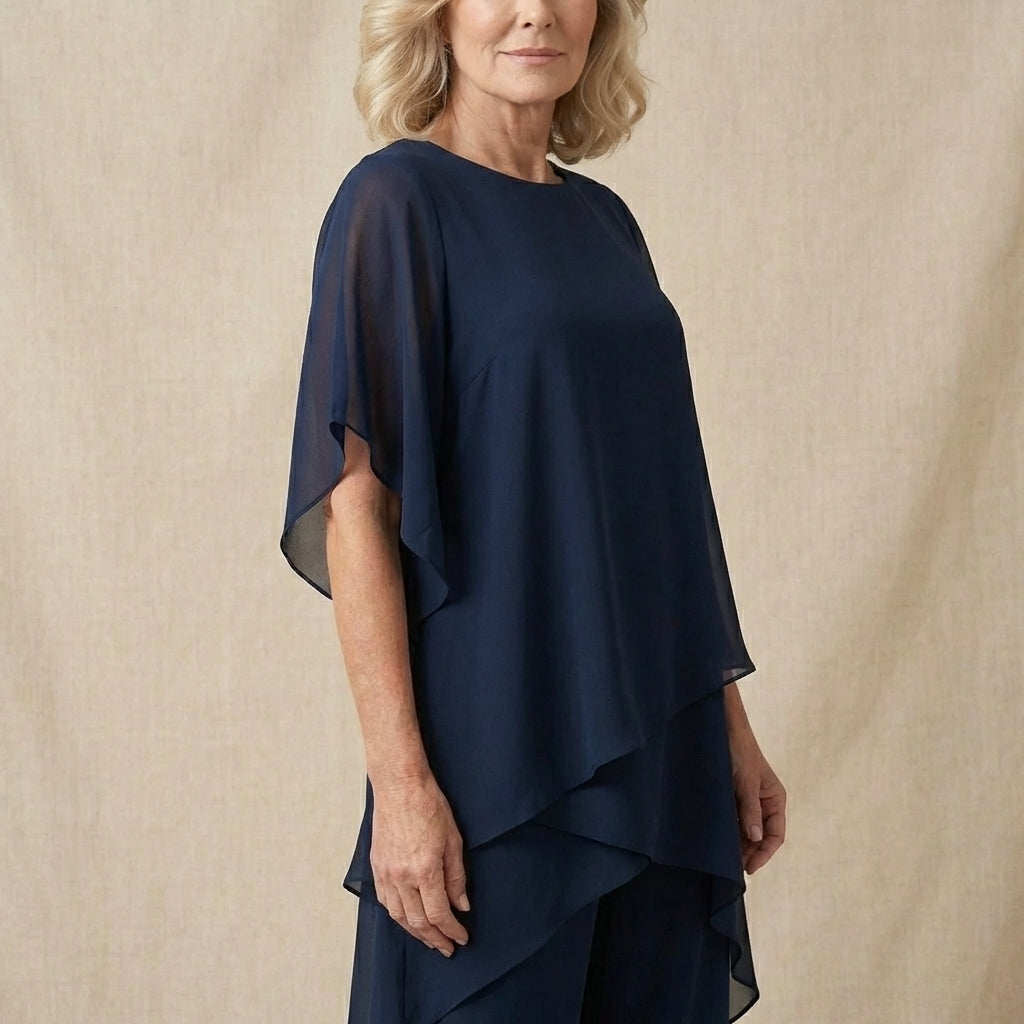 Aine Two Piece Set with Draped Top and Matching Bottoms - Blue